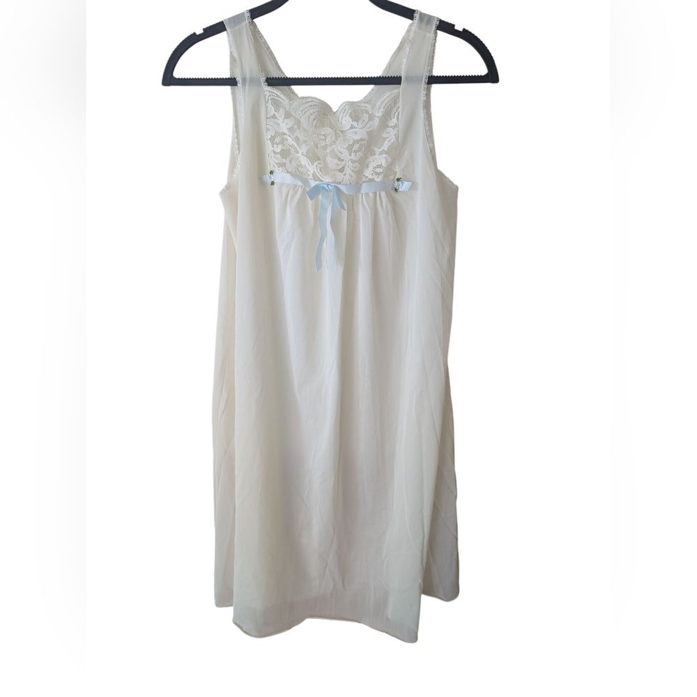 Vintage‎ Wilmot White Blue Ribbon Chiffon Old Hollywood Nightgown Slip Size M